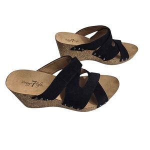 Vintage 7 Eight Black Cork Wedge Heel Sandals Shoes Women's Size 9